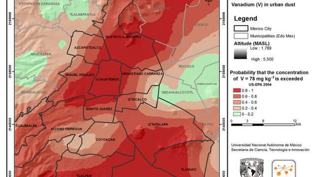 En la imagen se pueden observar las zonas contaminadas con vanadio en polvos urbanos de la Ciudad de México y el área metropolitana. Los sectores de color rojo más intenso son en los que se identificó mayor concentración del metal pesado. (Imágenes: cortesía Dr. Francisco Bautista (https://www.revistascca.unam.mx/rica/index.php/rica/article/view/RICA.2019.35.01.06/4681.)